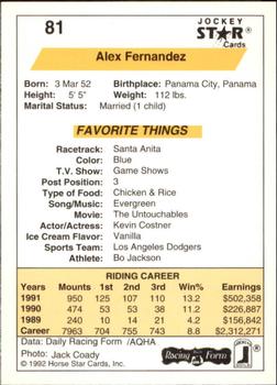 1992 Jockey Star #81 Alex Fernandez Back
